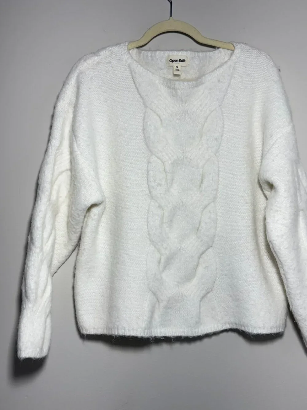 Open Edit Oversized Cable Boatneck Sweater – Size XS (Ivory)